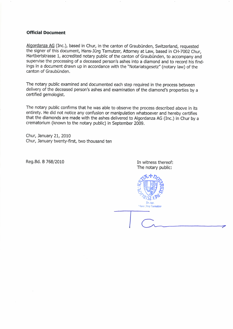 Notarial deed, Chur, 21 January 2010 (page 1)